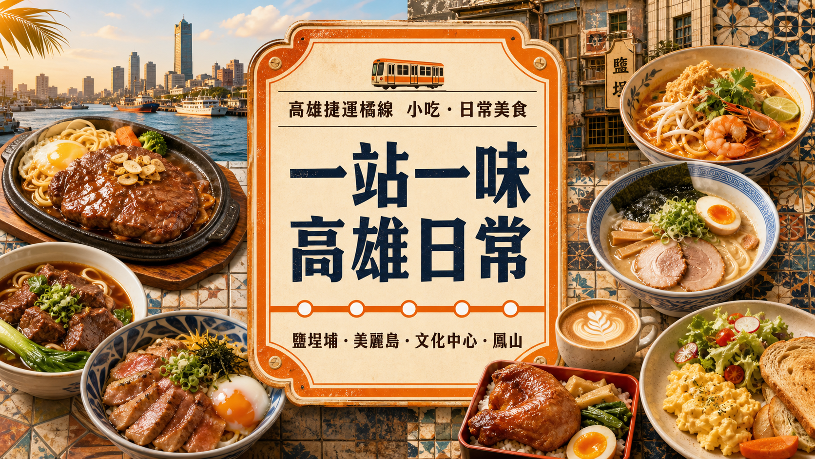 橘色復古站牌與高雄港景，周圍拼貼牛排、麵食、丼飯、便當及早午餐的高雄橘線美食封面