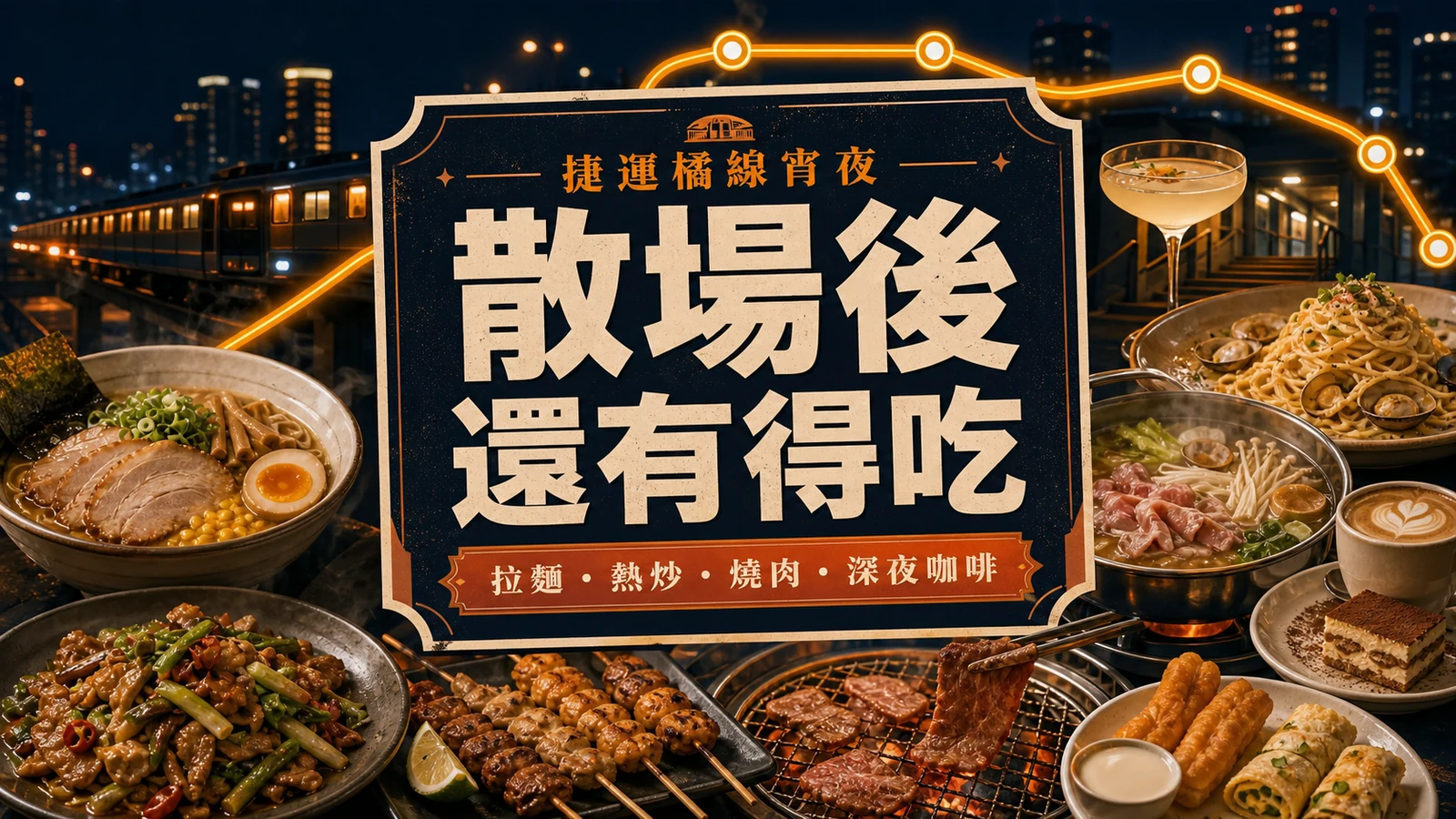 墨藍夜景、橘色捷運線與拉麵、熱炒、燒肉、咖啡拼貼的橘線宵夜海報